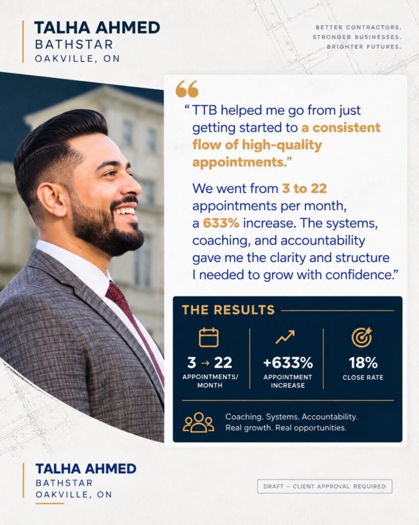 TTB client-approved original testimonial image — Talha Ahmed, Bathstar, Oakville, ON. Contains client-supplied testimonial and results.