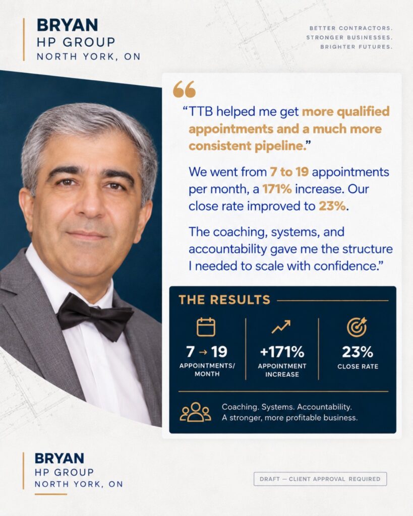 TTB client-approved original testimonial image — Bryan, HP Group, North York, ON. Contains client-supplied testimonial and results.