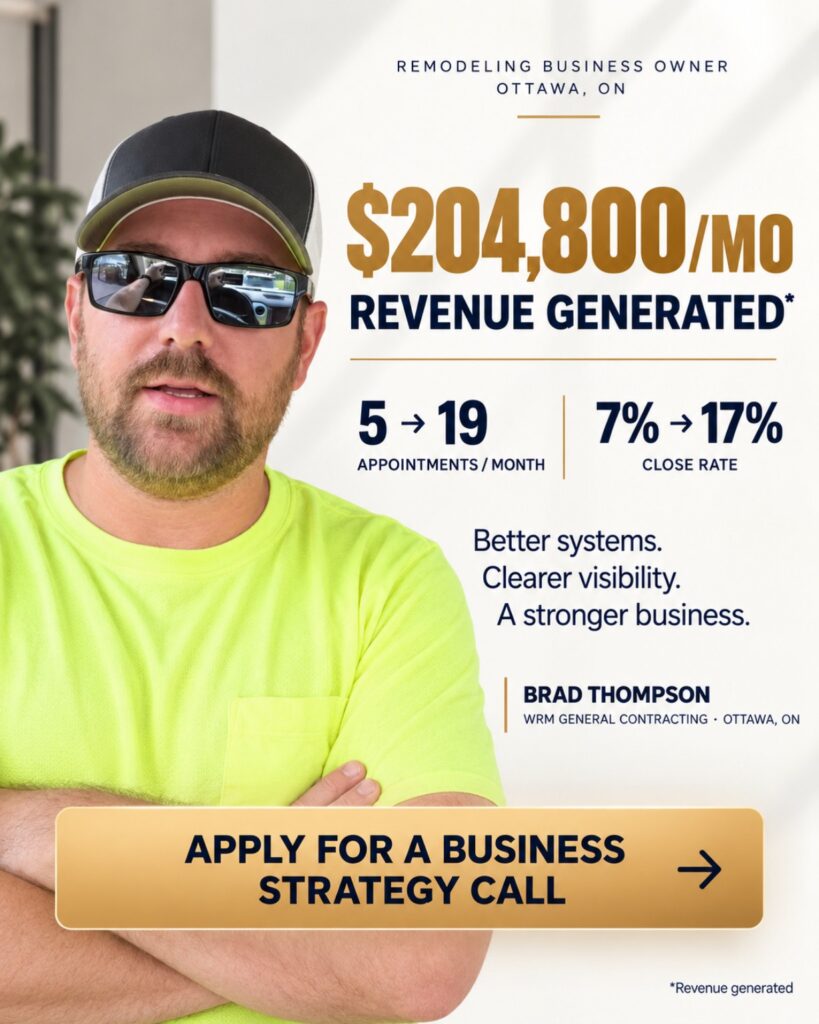 TTB client-approved original testimonial image — Brad Thompson, WRM General Contracting, Ottawa, ON. Contains client-supplied testimonial and results.