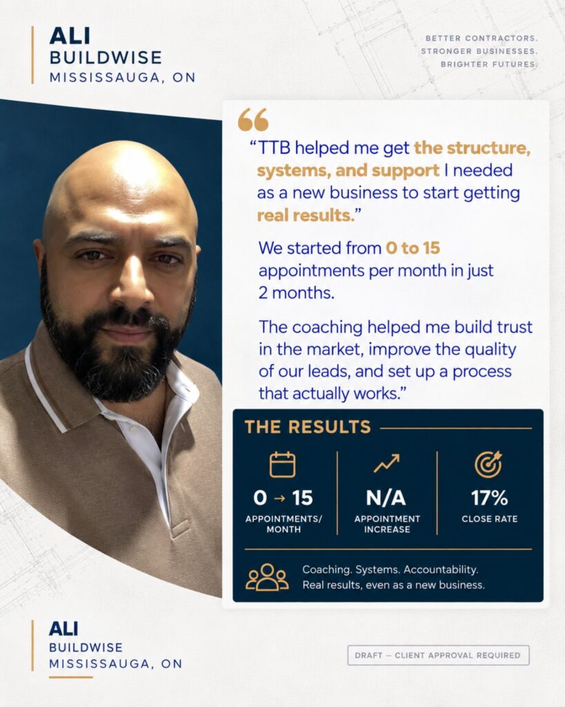 TTB client-approved original testimonial image — Ali, Buildwise, Mississauga, ON. Contains client-supplied testimonial and results.